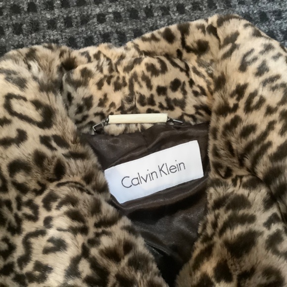 Calvin Klein brown leopard winter holiday faux fur wrap coat XS - Picture 4 of 8
